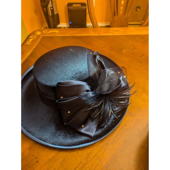 August Hat Company- Blue Molded Satin Polyester Feather Embellishment Brim Hat